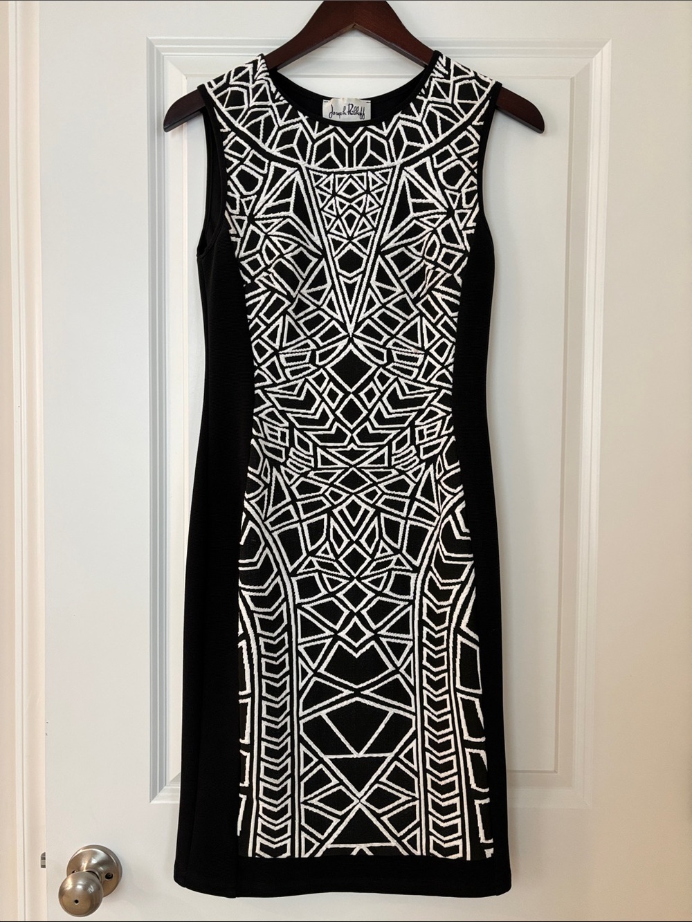 Joseph Ribkoff Black Mini Dress with White Geometric Overlay